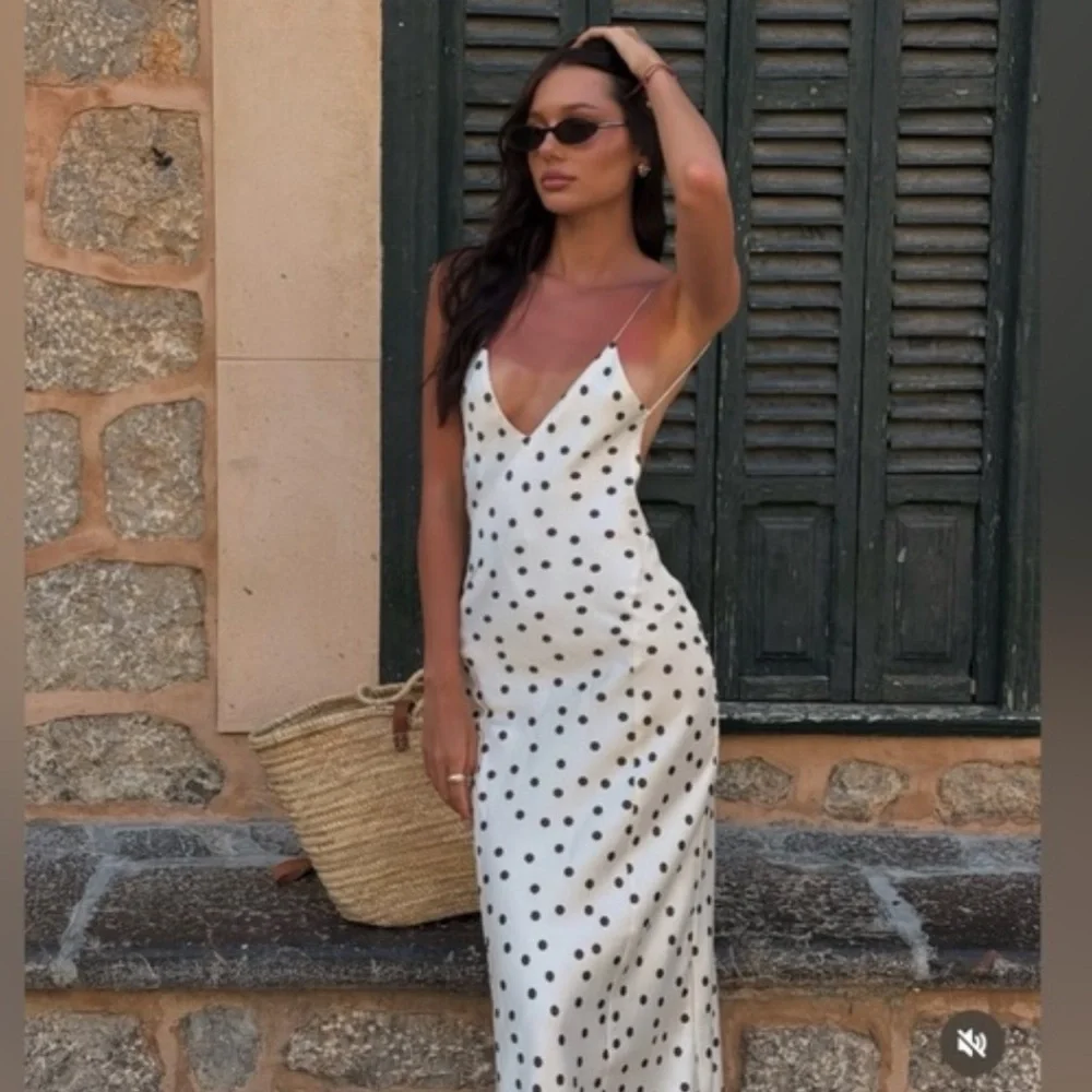 Zara NWT satin polka dot midi dress white with brown 3067/214 - Picture 1 of 16